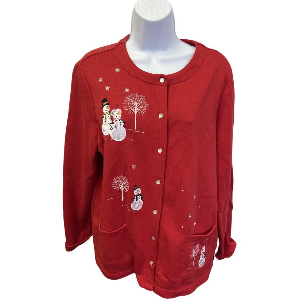 🎄 Breckenridge US XL Womens Red Holiday Snowman Cardigan Snap Front Jacket - Picture 1 of 3